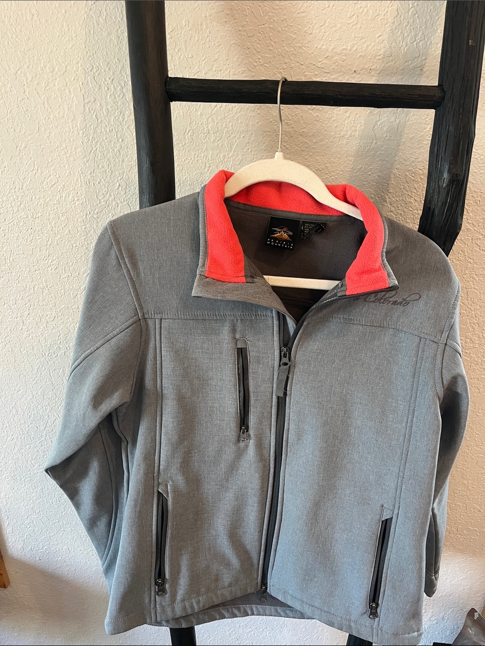 Gray Softshell Jacket with Coral Lined Collar